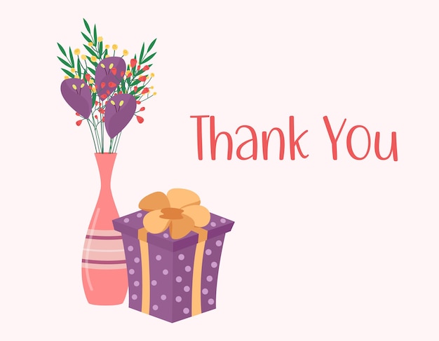 Vector tarjeta de felicitación de agradecimiento caja de regalo y ramo de flores en jarrón tarjeta de agradecimiento con racimo de flores ilustración plana vectorial
