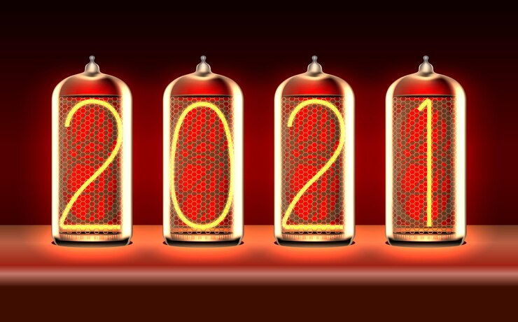 Vector tarjeta de felicitación de año nuevo con 2021 iluminado con lámparas indicadoras de tubo nixie de estilo retro, incluye transparencia. ilustración vectorial.