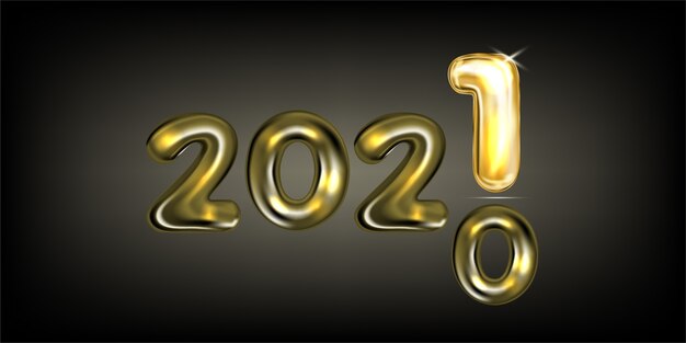 Tarjeta de felicitación de año nuevo 2021 con letras de globos de lámina dorada