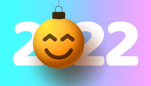 Tarjeta de felicitación para el año nuevo 2022 con cara sonriente de emoji que cuelga de hilo como un juguete, bola o adorno navideño. ilustración de vector de concepto de emoción de año nuevo