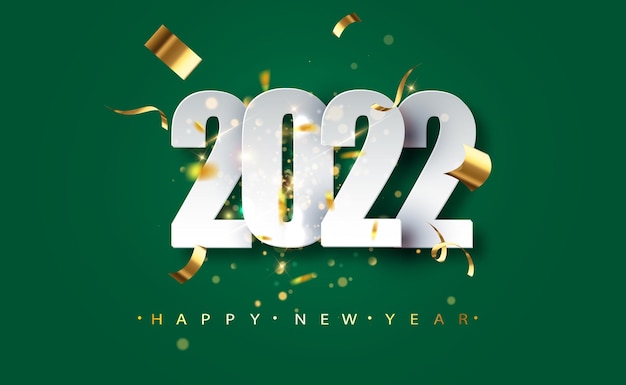 Tarjeta de felicitación de año nuevo 2022 con confeti y destellos.