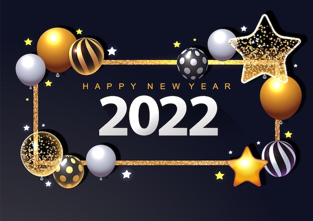 Vector tarjeta de felicitación de año nuevo 2022 o banner 3d bolas de estrellas metálicas y confeti sobre fondo oscuro