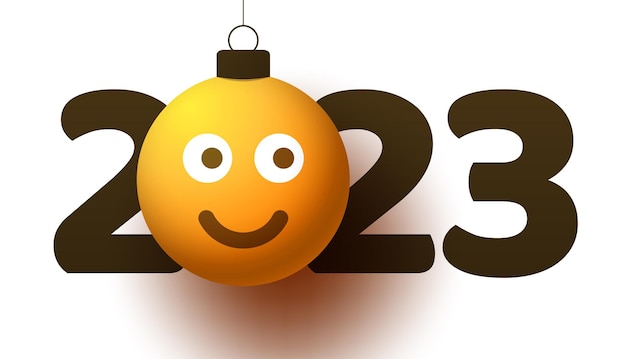 Tarjeta de felicitación para el año nuevo 2023 con cara de emoji sonriente que cuelga de un hilo como una bola de juguete de navidad o una chuchería Ilustración de vector de concepto de emoción de año nuevo