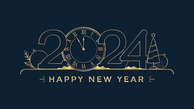 Tarjeta de felicitación de año nuevo 2024 con reloj estilizado y decoración línea dorada navideña