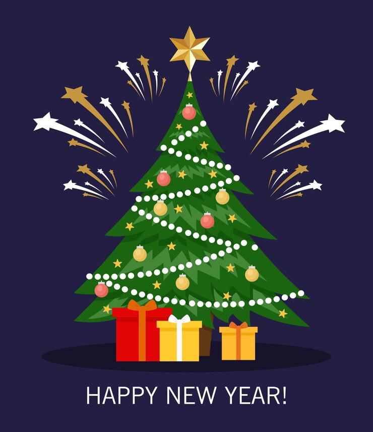 Tarjeta de felicitación de año nuevo con árbol de Navidad, adornos, regalos y fuegos artificiales. Feliz navidad y próspero año nuevo.