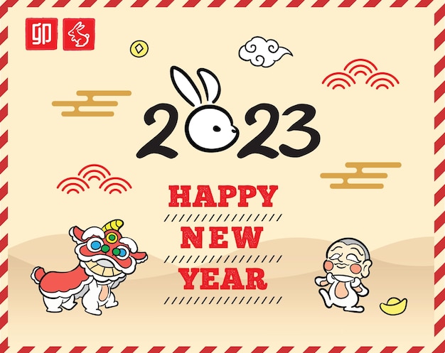 Tarjeta de felicitación de año nuevo chino 2023 con vector de danza de conejo y león