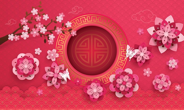 Tarjeta de felicitación de año nuevo chino con marco y flores florecientes