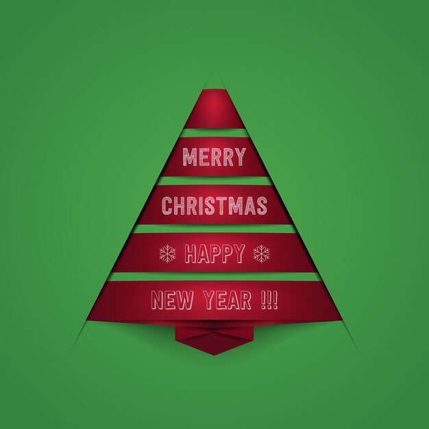 Tarjeta de felicitación de Año Nuevo con cinta en forma de árbol de Navidad sobre fondo verde, ilustración vectorial