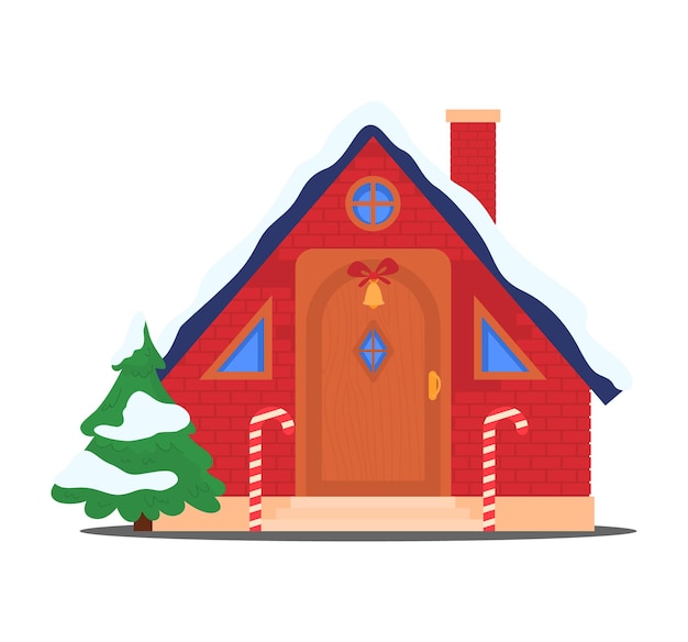 Tarjeta de felicitación de año nuevo de fachada de casa decorada navideña con un pequeño vector de casa de campo