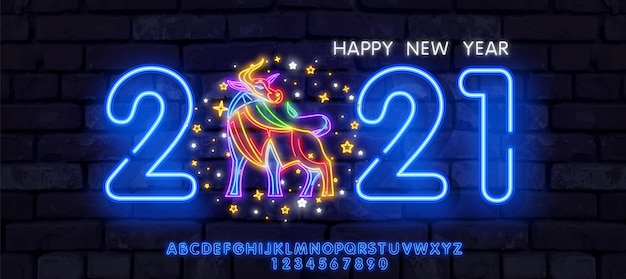 Tarjeta de felicitación de año nuevo de neón 2021 - letras de neón azul 2021 letrero de neón, letrero luminoso, banner de luz.