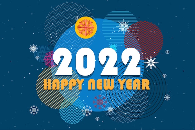 La tarjeta de felicitación de año nuevo con el número 2022 y letras feliz año nuevo y copo de nieve sobre fondo azul, ilustración vectorial