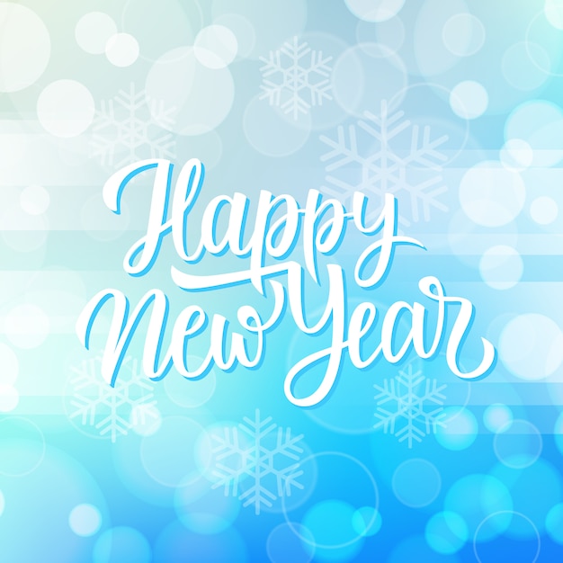 Vector tarjeta de felicitación de año nuevo con saludos de vacaciones de letras de mano feliz año nuevo y copos de nieve sobre fondo azul bokeh.