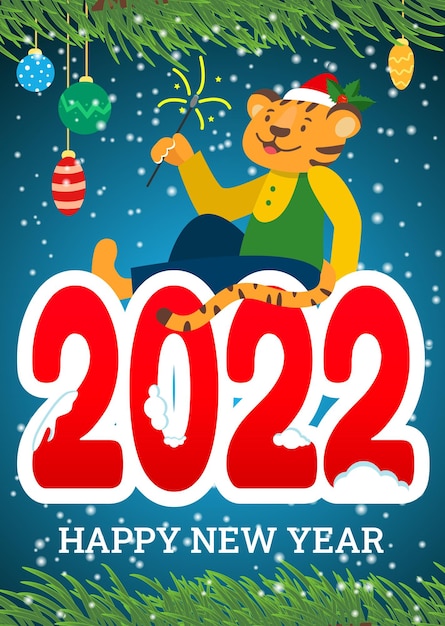 Tarjeta de felicitación de año nuevo con un tigre feliz en un sombrero con una bengala en su pata ilustración vectorial