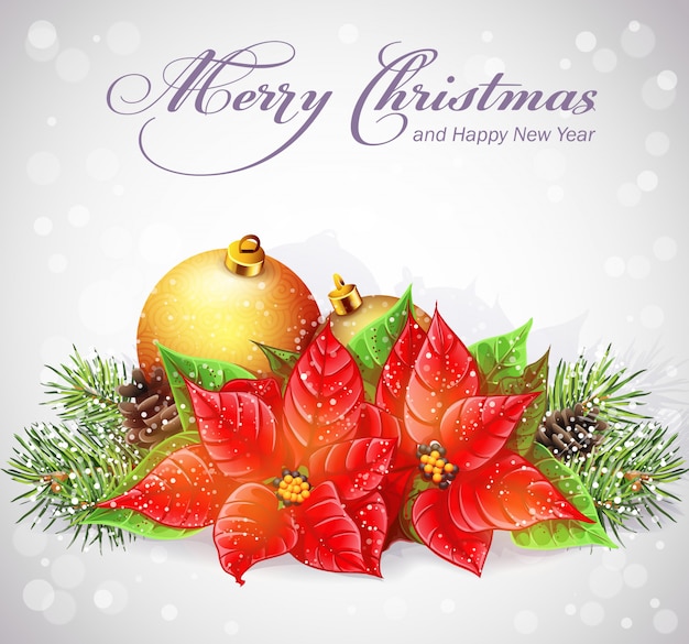 Tarjeta de felicitación con árbol de Navidad y año nuevo con ramas y flores Navidad