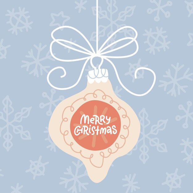 Tarjeta de felicitación con árbol de navidad colgante baule y cita feliz navidad en él pastel plano vector illust ...