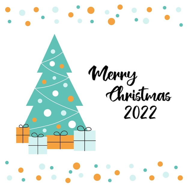 Tarjeta de felicitación con árbol de Navidad y regalos.