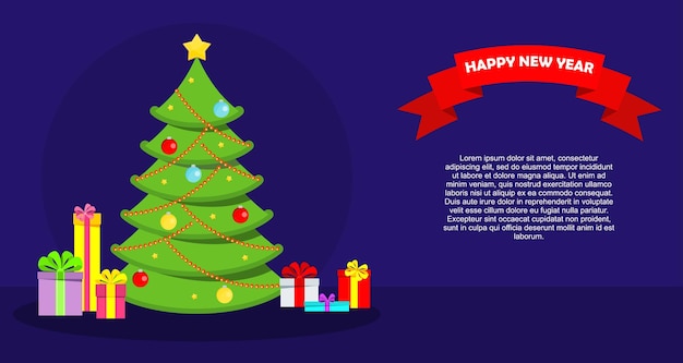 Tarjeta de felicitación con un árbol de navidad verde y regalos de año nuevo. ilustración de dibujos animados de vector plano. objetos aislados sobre fondo blanco.