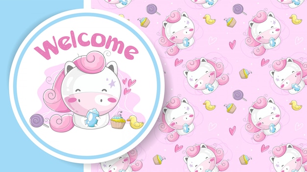Tarjeta de felicitación de Baby Shower con linda chica Unicornio de dibujos animados