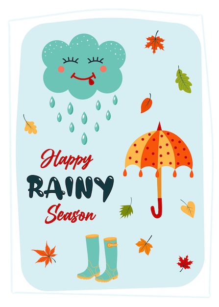 Vector tarjeta de felicitación con botas de goma de paraguas de nube kawaii y hojas de otoño cita de feliz temporada de lluvias