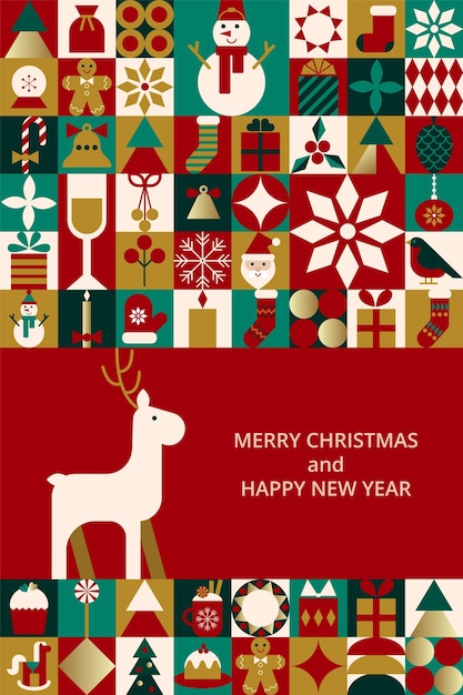 Tarjeta de felicitación brillante para Feliz Navidad y Feliz Año Nuevo Diseño de moda con formas geométricas