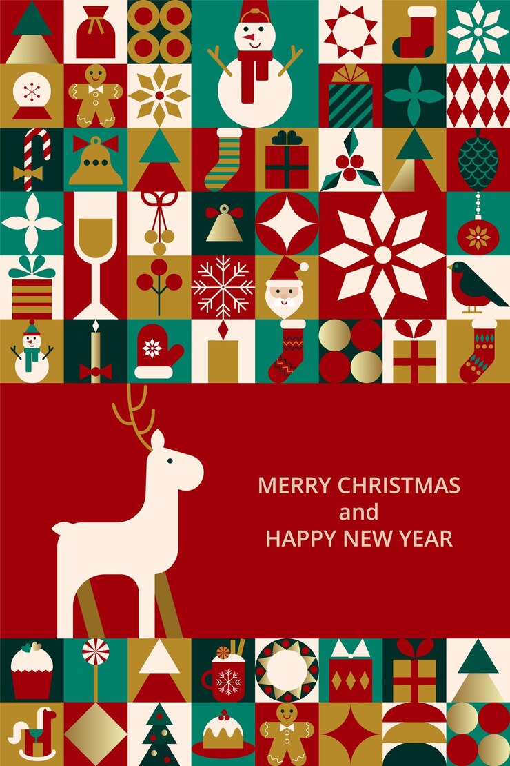 Vector tarjeta de felicitación brillante para feliz navidad y feliz año nuevo diseño de moda con formas geométricas
