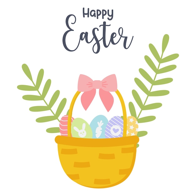 Tarjeta de felicitación con canasta de huevos y huevos de Pascua en un fondo blanco Fondo lindo genial para E
