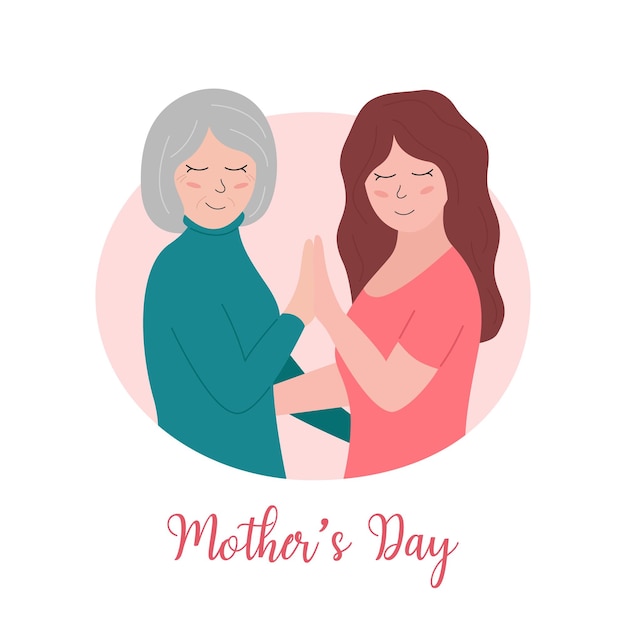 Tarjeta de felicitación del cartel de vacaciones del día de las madres Feliz anciana y sonriente hija adulta juntos