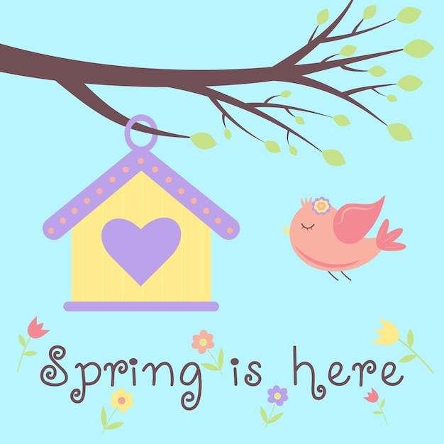 Tarjeta de felicitación con una casita para pájaros y un pájaro volador text spring is here