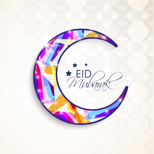 Vector tarjeta de felicitación de celebración de eid mubarak con luna creciente colorida y efecto de luces sobre fondo blanco