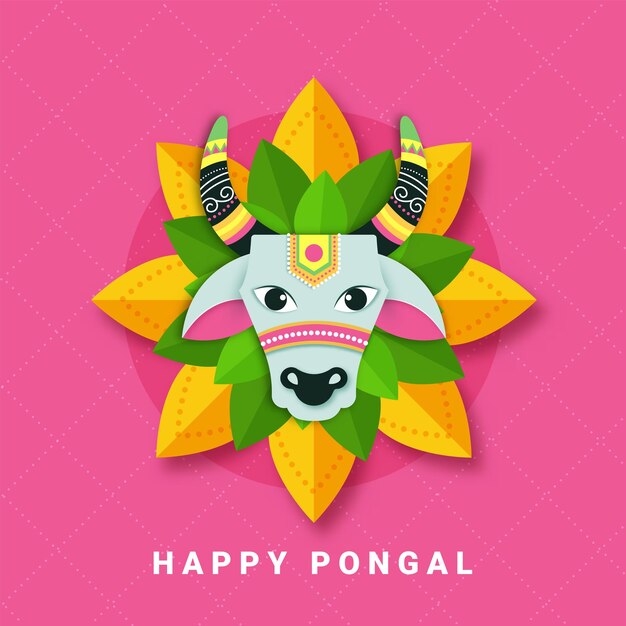 Tarjeta de felicitación de celebración feliz Pongal con cara de toro cortada en papel sobre flor en fondo de líneas punteadas cruzadas rosa