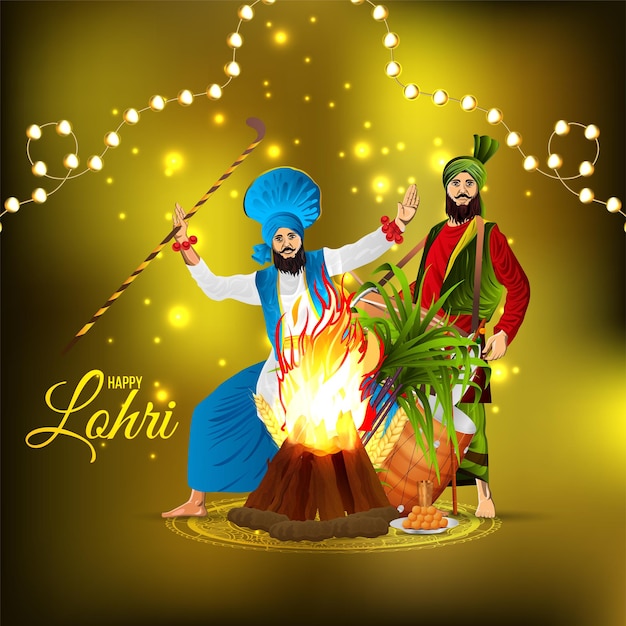 Tarjeta de felicitación de celebración del festival lohri sikh con ilustración vectorial