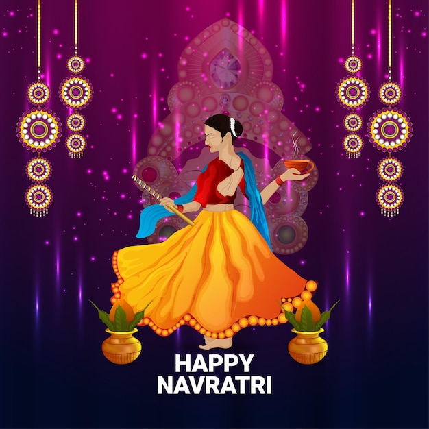 Vector tarjeta de felicitación de celebración de noche feliz dandiya con ilustración vectorial
