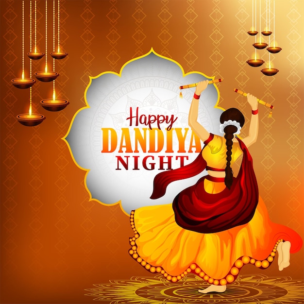 Tarjeta de felicitación de celebración nocturna de Dandiya con ilustración vectorial