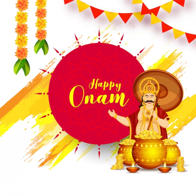 Vector tarjeta de felicitación de celebración onam feliz o diseño de póster con ilustración del rey mahabali y monedas de oro