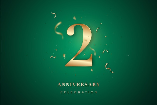 Vector tarjeta de felicitación de celebración del segundo aniversario número metálico dorado 2