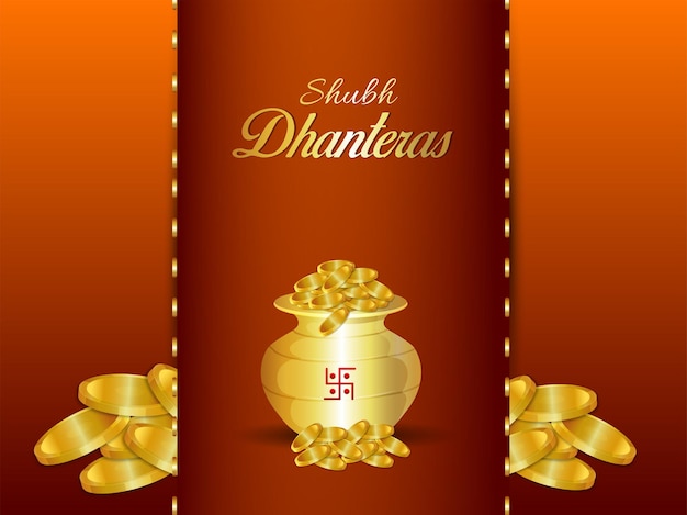 Tarjeta de felicitación de celebración de shubh dhanteras con olla de moneda de oro creativa