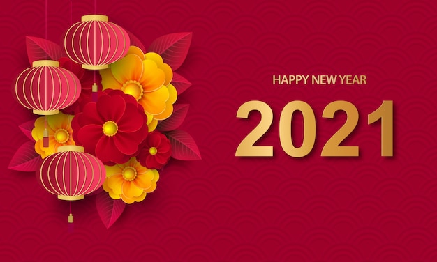 Tarjeta de felicitación china para el año nuevo 2021. Linternas rojas y flores.