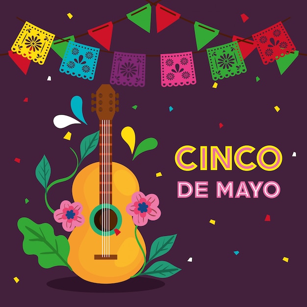 Tarjeta de felicitación de cinco de mayo con diseño de ilustración de vector de guitarra y decoración