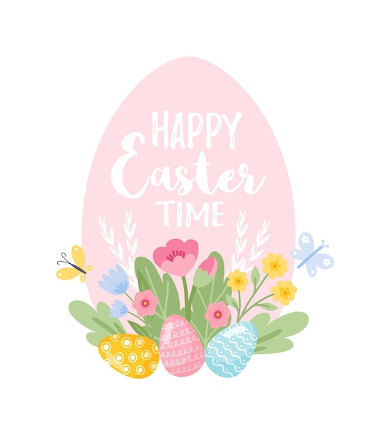Tarjeta de felicitación colorida feliz Pascua con conejo, conejito y texto