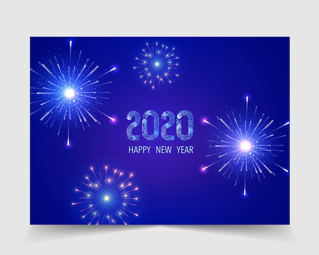 Tarjeta de felicitación de coloridos fuegos artificiales en el cielo nocturno 2020