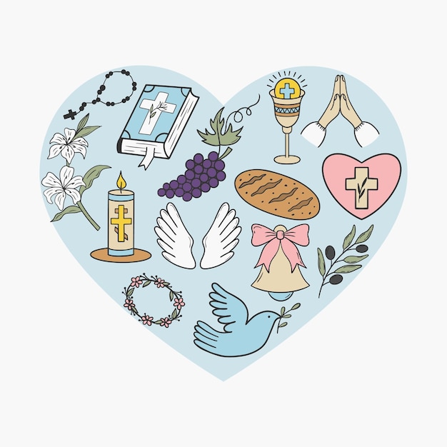 La tarjeta de felicitación con un corazón azul con iconos de la primera comunión dentro del diseño del corazón incluye