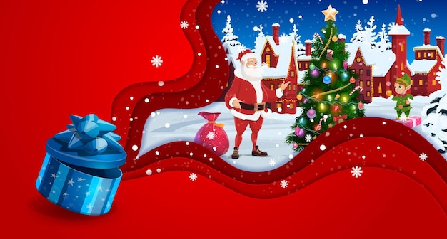 Tarjeta de felicitación de corte de papel de Navidad Caja de regalo ciudad nevada de invierno y Santa con elfo Arte de corte de papel 3d de Navidad vectorial con alegre padre noel en el paisaje rural con pino árbol de vacaciones y nevadas