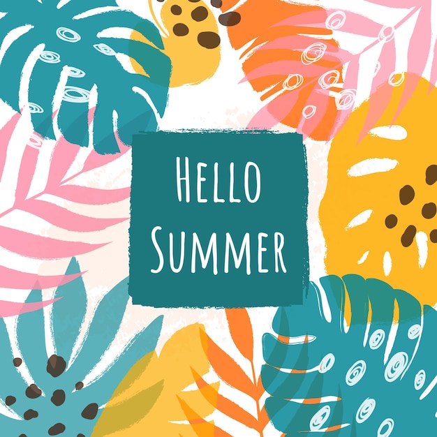 Tarjeta de felicitación cuadrada de verano con hojas de palma y monstera en estilo y texto dibujados a mano