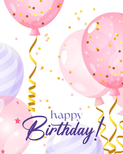 Tarjeta de felicitación de cumpleaños con coloridos globos de helio rosado confeti dorado nad letras