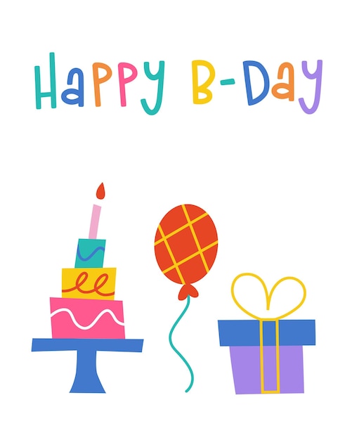 Tarjeta de felicitación de cumpleaños de dibujos animados plana en estilo infantil con lindas ilustraciones vectoriales de pastel con