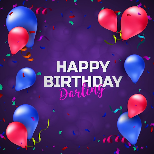 Tarjeta de felicitación de cumpleaños feliz o pancarta con globos de colores, confeti y lugar para el texto. Plantilla de diseño de ilustración vectorial