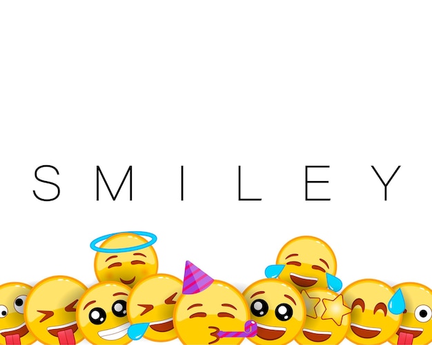 Tarjeta de felicitación de cumpleaños feliz sonrisa o fondo sonriente con emoticonos amarillos de expresiones faciales divertidas y felices.