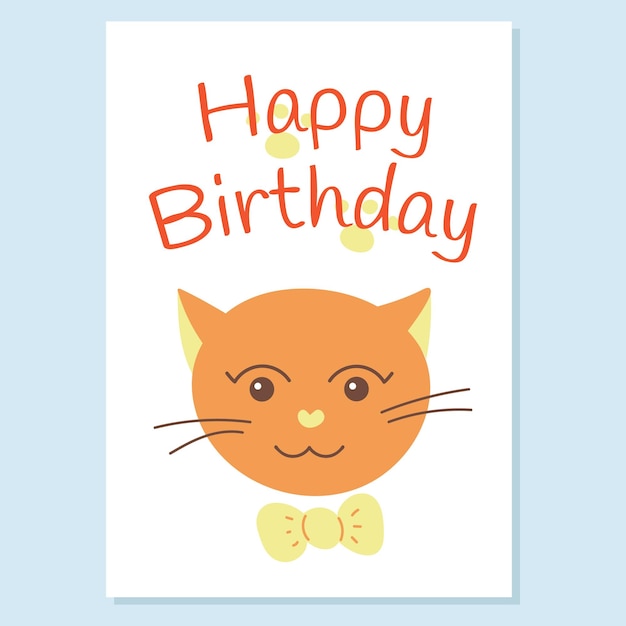 Tarjeta de felicitación de cumpleaños ilustración infantil de un gato rojo con una pajarita estilo dibujo animado ilustración vectorial