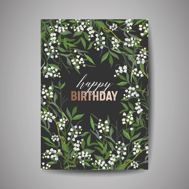 Tarjeta de felicitación de cumpleaños, invitación o plantilla de felicitación con flores, hojas florales verdes, ilustración de diseño de fiesta de celebración de cartel en vector