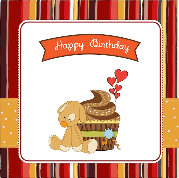 tarjeta de felicitación de cumpleaños con juguete de cupcake y cachorro